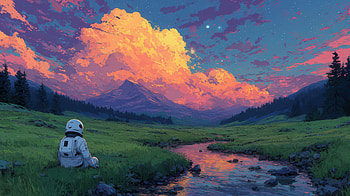Astronaut Sitting Alone Watching The Peaceful Sunset, astronaut, alone, peace, sunset, clouds, sky, trees, mountains, mountain, artist, artwork, art, digital-art, ai, deviantart HD wallpaper