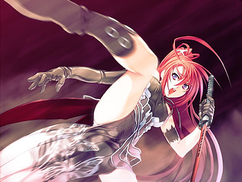 Take That!!!!!, sword, jingai makyo, kick, gloves, red hair, armband, long hair, purple eyes, igunisu, anime, weapon, chaos gate, boots, open mouth HD wallpaper