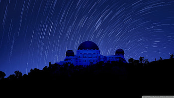 Griffith Observatory at Night, Star Trails, blue, sky, nature, dark, California HD wallpaper