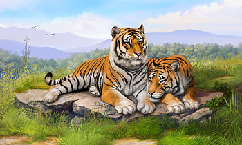 Tigers, tiger, art, orange, painting, pictura, green, couple, tigru, luminos HD wallpaper