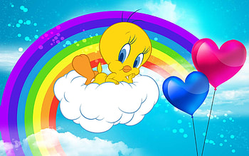 Tweety Bird, bird, rainbow, heart, tweety, cloud HD wallpaper