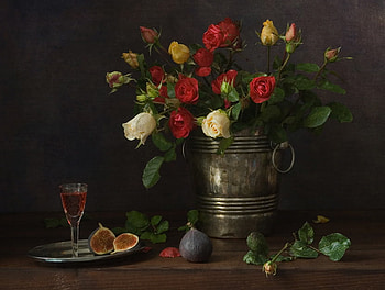 still life, bouquet, graphy, nice, mug, rose, flower, fruit, vermouth, , fig, roses, elegantly, beautiful, pretty, cool, flowers, lovely, harmony, drink HD wallpaper