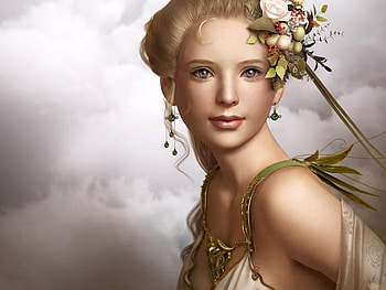 Forest-Queen, eyes, girl, anime, fantasy, flower, clouds, women, hair, queen HD wallpaper