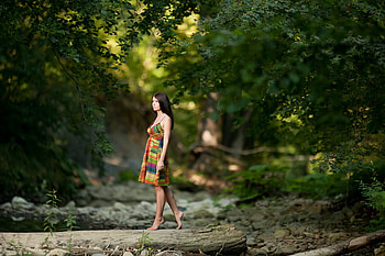 Lost in her thoughts..., colorful, woods, girl, dreamy, dress, forest, beauty HD wallpaper