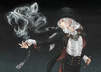 The Magician, grey hair, yugami, yellow eyes, jacket, long hair, jewelry, earring, pixiv id 2405651, whip, fangs, anime, top hat, smoke, wryx, hat, braids HD wallpaper