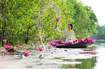 ღ, Asian, Boat, Brunette, Water lilies HD wallpaper
