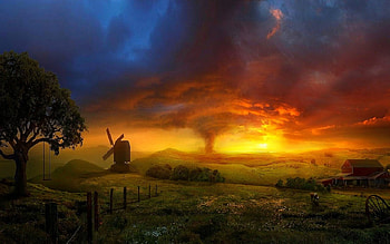 Sunset, landscape, nature, houses HD wallpaper