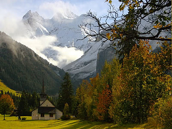 Kandersteg, trees, grass, church, mountain HD wallpaper
