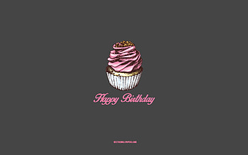 Happy Birtay, , minimal art, Happy Birtay greeting card, pink cake, retro Birtay greeting card, gray background, Happy Birtay concept HD wallpaper