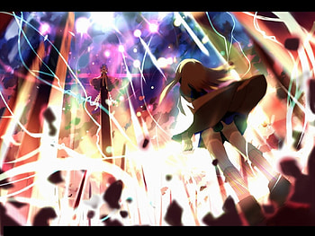 last god standing, rubble, purple hair, lightening, fight, blue hair, flash, yasaka kanako, light, heaven, touhou, short hair, clouds, moriya suwako, sky, hat HD wallpaper