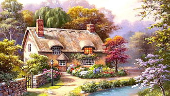 natur garden, natur, river, house HD wallpaper