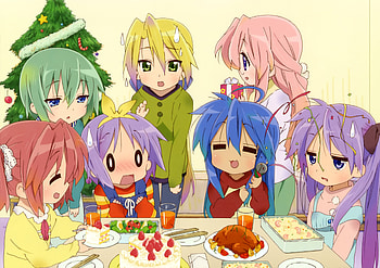 lucky star, shortcake, lucky, dinner, strawberry, miyuki, cute, cake, xmas, izumi, party, naughty, hiiragi, takara, tsukasa, illustration, star, kagami, cakes, christmas, konata, funny, girls HD wallpaper