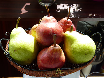 Fruits in a basket, basket, fruits, nature, pears HD wallpaper