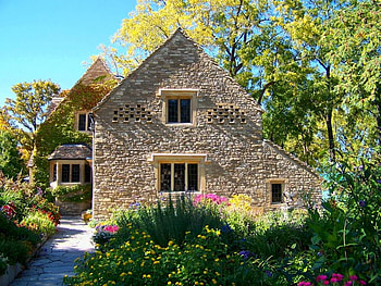 beautiful house garden 2, art , green, trees, flowers garden, fullcolours, beautiful, flowers, stone house HD wallpaper