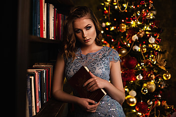 Blue dress, gorgeous, woman, book HD wallpaper