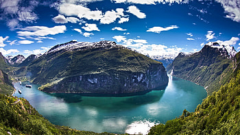 The Geiranger Fjord, Norway, hills, scandinavia, landscape, clouds, trees, sky, water, mountains HD wallpaper