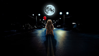 Art, Road, Bear, Balloon, hop, Full Moon HD wallpaper