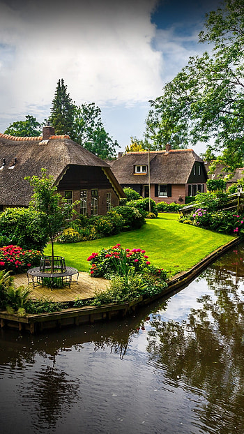 que village, Thatched roof houses, Charming canals, Overijssel region HD phone wallpaper