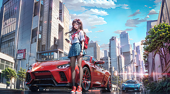 Urban Day Anime School Girl Sneakers With Cars , anime-girl, anime, artist, artwork, digital-art HD wallpaper
