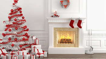 Red and white Christmas style, Fireplace and tree, Mountain of gifts, Festive HD wallpaper