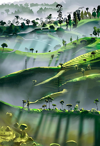 Trees, Art, Rays, Beams, Hills HD phone wallpaper