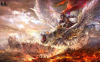 Legend of immortal, wings, white, tiger, monster, fantasy, light, battle, red, game, fighter, creature, warrior HD wallpaper