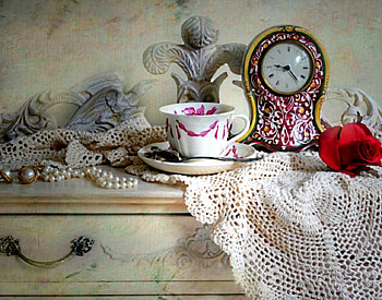 Still life, tea, cup, rose, delicate, flower, pearls, clock, harmony HD wallpaper