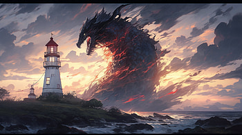 Majestic Monster Lighthouse Encounter, monster, lighthouse, AI Art, fantasy, creature HD wallpaper