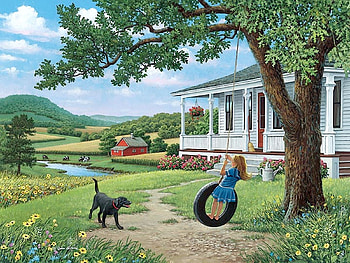 Christmas in July, dog, painting, flowers, swing, child, cabin, tree HD wallpaper
