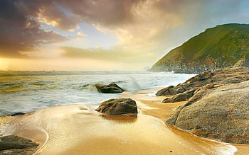 Landscape, Sunset, Stones, Sea, Beach HD wallpaper