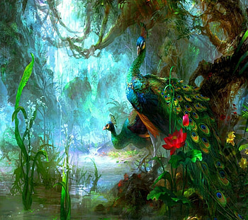 Peacocks, blue, birds, feathers, art, swamp, beautiful, beauty, abstract, animals, green, trees, water, lovely, forest HD wallpaper