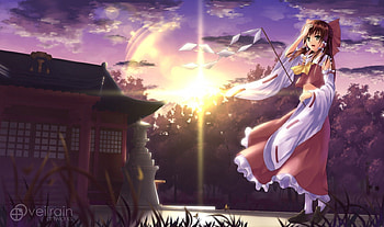 ~Reimu Hakurei~, anime, house, clouds, touhou, sky, sunset, Reimu Hakurei HD wallpaper