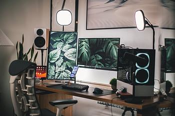 Stylish gaming and streaming setup with dual monitors, PC, and accessories. HD wallpaper