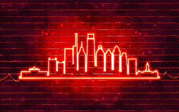 Philadelphia red neon silhouette, , red neon lights, Philadelphia skyline silhouette, red brickwall, american cities, neon skyline silhouettes, USA, Philadelphia silhouette, Philadelphia HD wallpaper