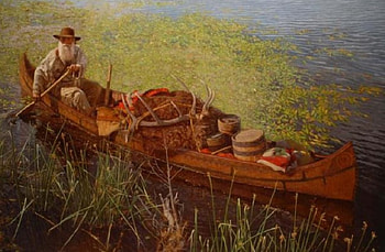 The Trapper, furs, canoe, water, man HD wallpaper