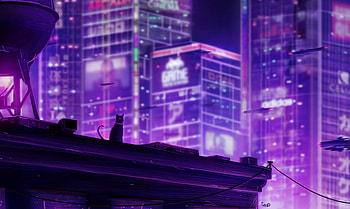 Neon, Art, City, Cat, Illumination, Backlight, Roof, Future HD wallpaper