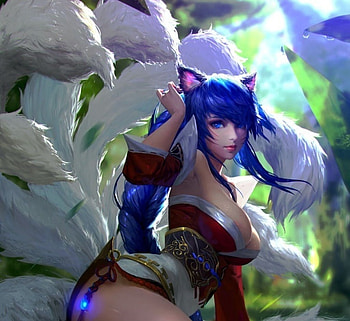 Ahri, blue, fantasy, kitsune, green, girl, catcat, fox HD wallpaper