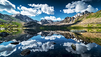 Crystal clear morning reflections at one of the high altitude lakes at Boz-Uchuk, Kyrgyzstan, landscape, clouds, sky, mountains, water, reflections HD wallpaper