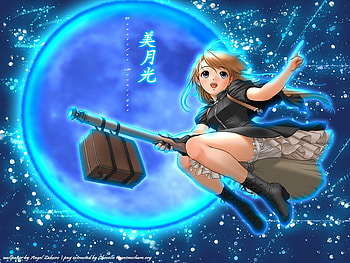 Once-In-A-Blue-Moon, blue, float, cute, long hair, dress, witch, shining, abstract, luggage, moon, bright, shine, female, sexy, neon light, bag, hot, broom, flying, blue eye, girl, star, anime girl, neon, anime, fantasy, light, brown hair, fly, broom stick HD wallpaper