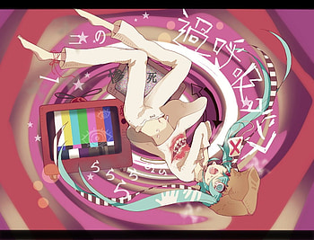 miku hatsune, tv, blue eyes, colors, blue hair, long hair, pijama HD wallpaper