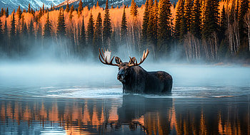 Misty Moose Majesty —, Moose, Lake, Fog, Forest HD wallpaper