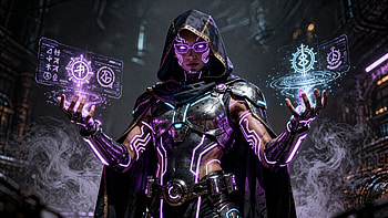 Arcane Technomancer — Neon, Mage, Hooded Figure, Hologram, Cyberpunk HD wallpaper