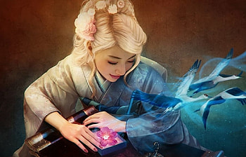 Lotus and poison, blue, scorpion, asian, bird, mario wibisono, girl, crane, pink, fantasy, flower, luminos, lotus HD wallpaper
