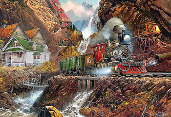 Ponderosa, mountains, railroad, artwork, river, painting, station, train HD wallpaper