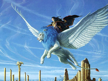Fly to Victory, wings, winged, city, sky, fly, lion, woman HD wallpaper