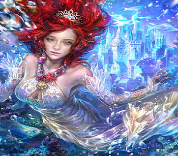 Princess Mermaid, crown, mermaid, red head, fish, castle, dress HD wallpaper