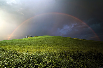 Nature, Rainbow, Building, Field, Construction, Mainly Cloudy, Overcast, Hill, Meadow HD wallpaper