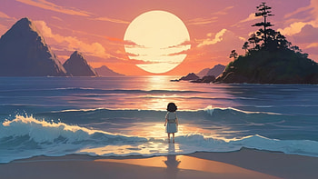 Sunset Drawing, sunset, wave, sea, ocean, schoolgirl, Ocean Waves HD wallpaper