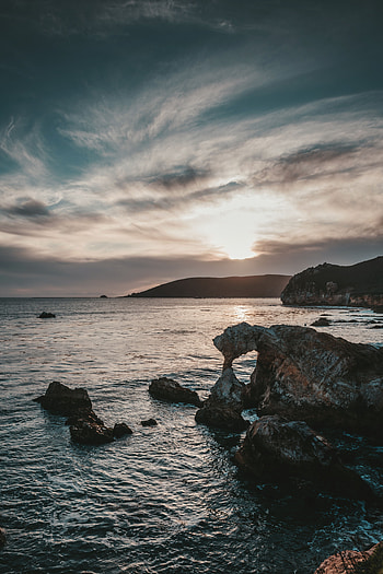 Nature, Sunset, Sky, Sea, Rocks, Horizon HD phone wallpaper
