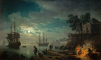 painting art work, sea, moon, men, boats, house, women, sailingships HD wallpaper